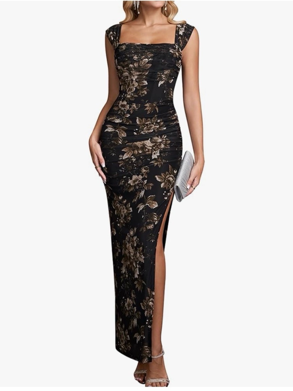 Floral Ruched Corset Evening Gown - Black & Gold NEW LARGE